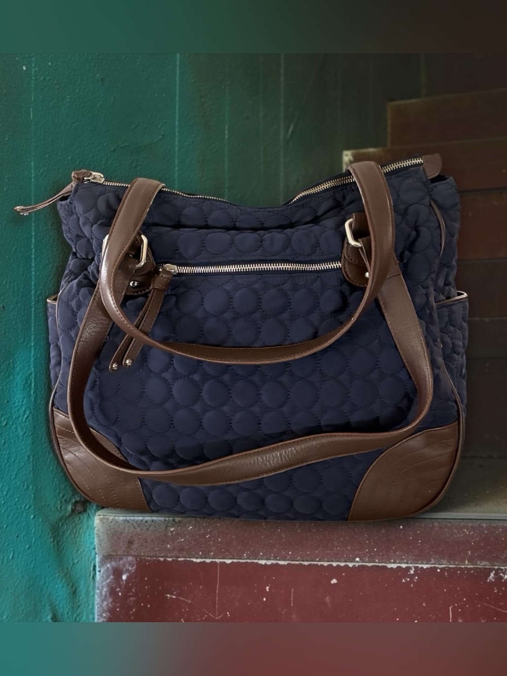 Vera Bradley ‘Wildwood Park’ Navy Quilted Tote with Brown Trim